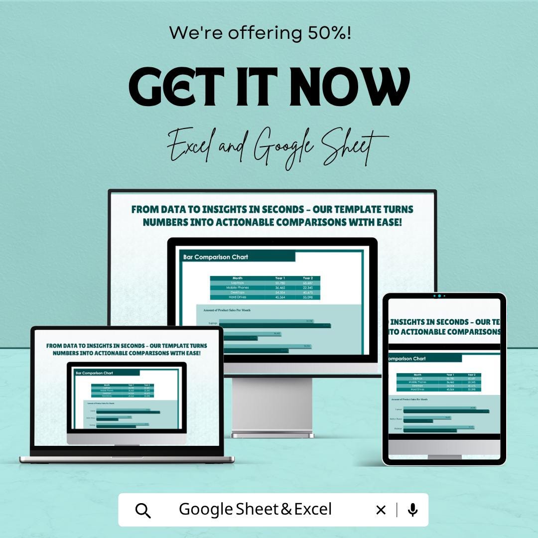 Bar Comparison Chart Template | Data Visualization Spreadsheet | Excel & Google Sheets Chart | Sales Comparison Dashboard |
