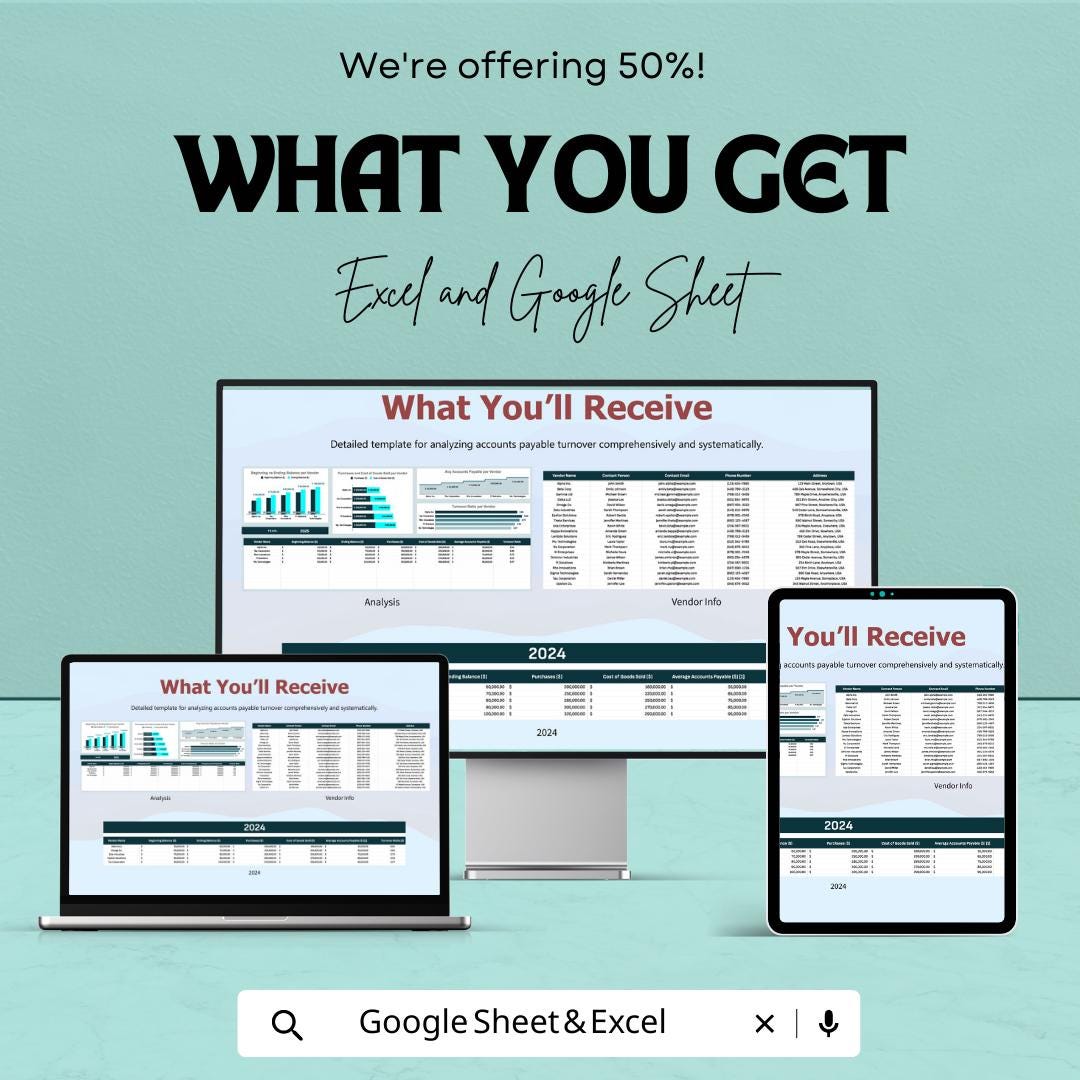 Finance Accounts Payable Turnover Analysis Template | AP Turnover Ratio Dashboard | Accounts Payable Analysis | Excel & Google Sheets
