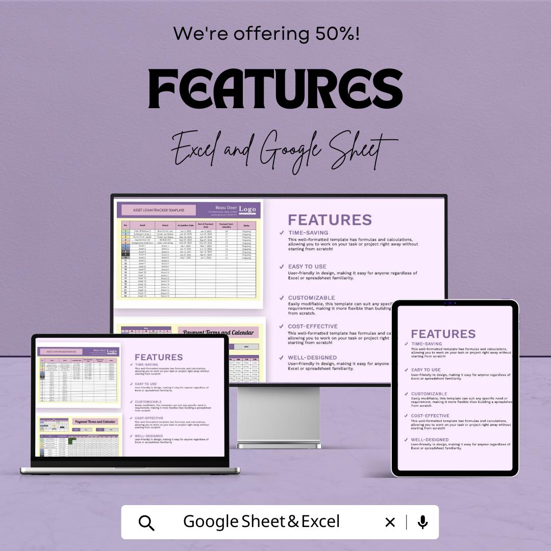 Asset Loan Tracker Template | Loan Payment Tracker Spreadsheet | Asset Management Log | Excel and Google Sheets Loan Tracking Template
