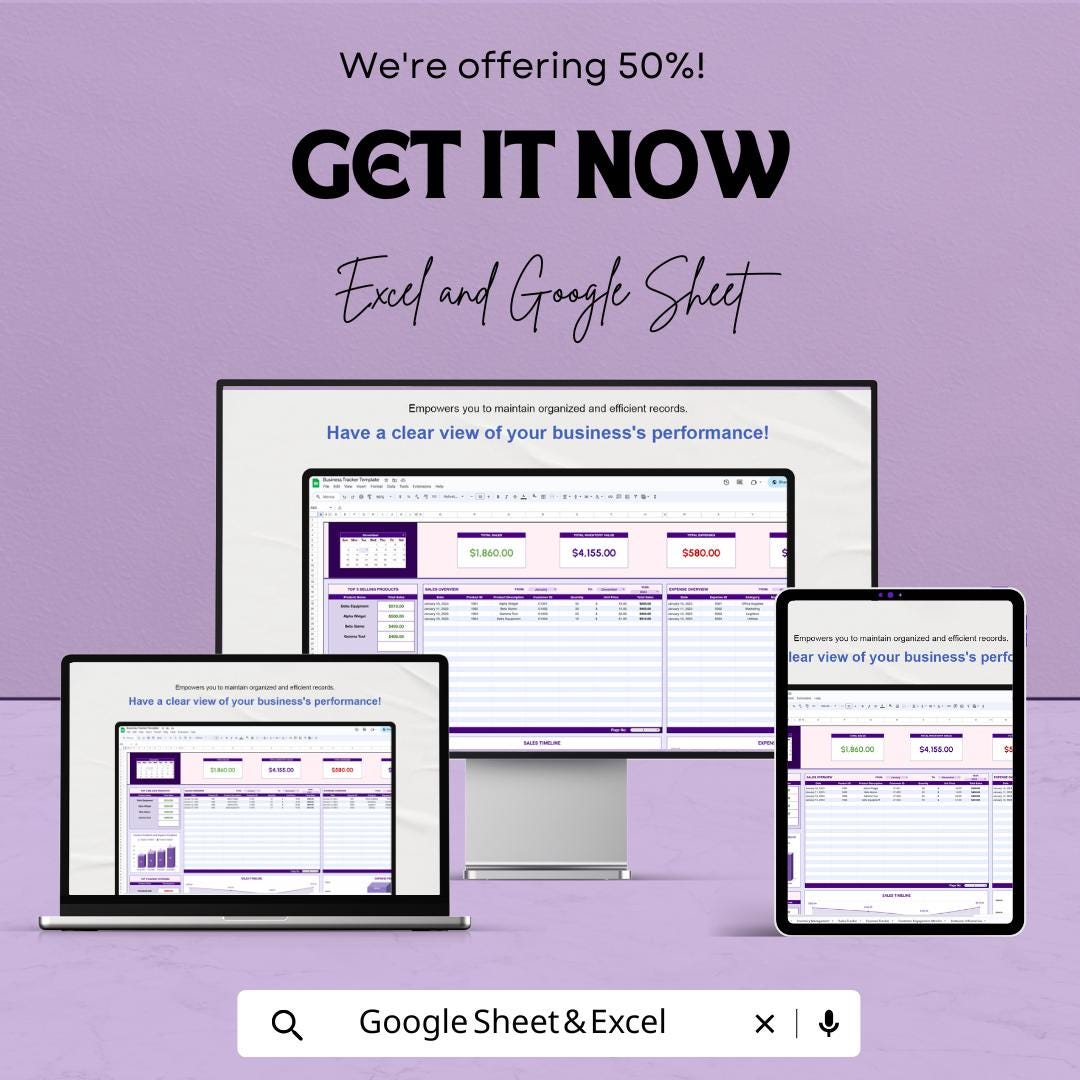Business Tracker Template - Excel and Google Sheets - Track Sales, Expenses, Profits & Performance - 50% Off