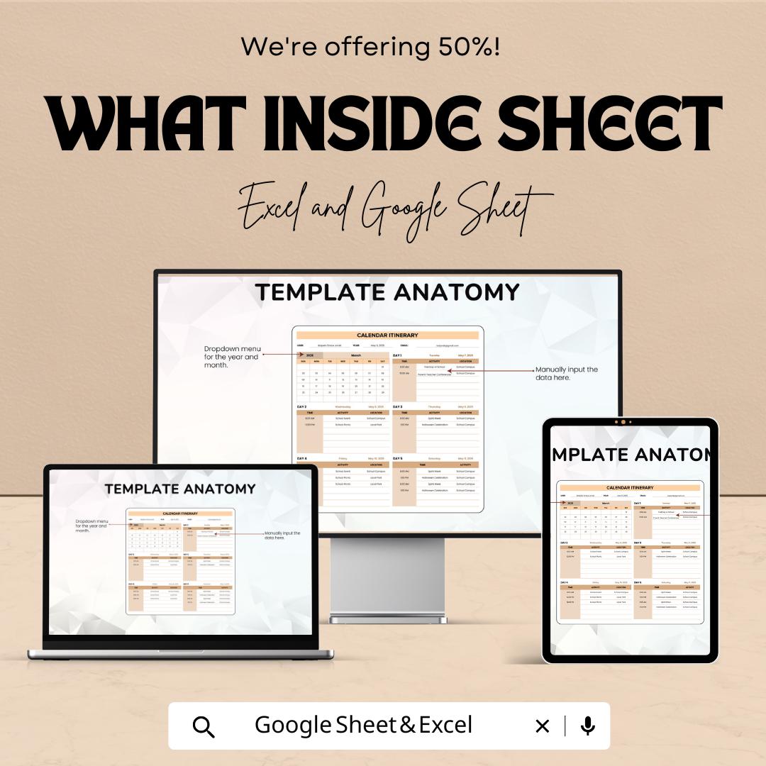 Calendar Itinerary Template | Excel and Google Sheets Planner | Event Schedule Organizer | Daily Travel Itinerary | Trip Plan Schedule Sheet