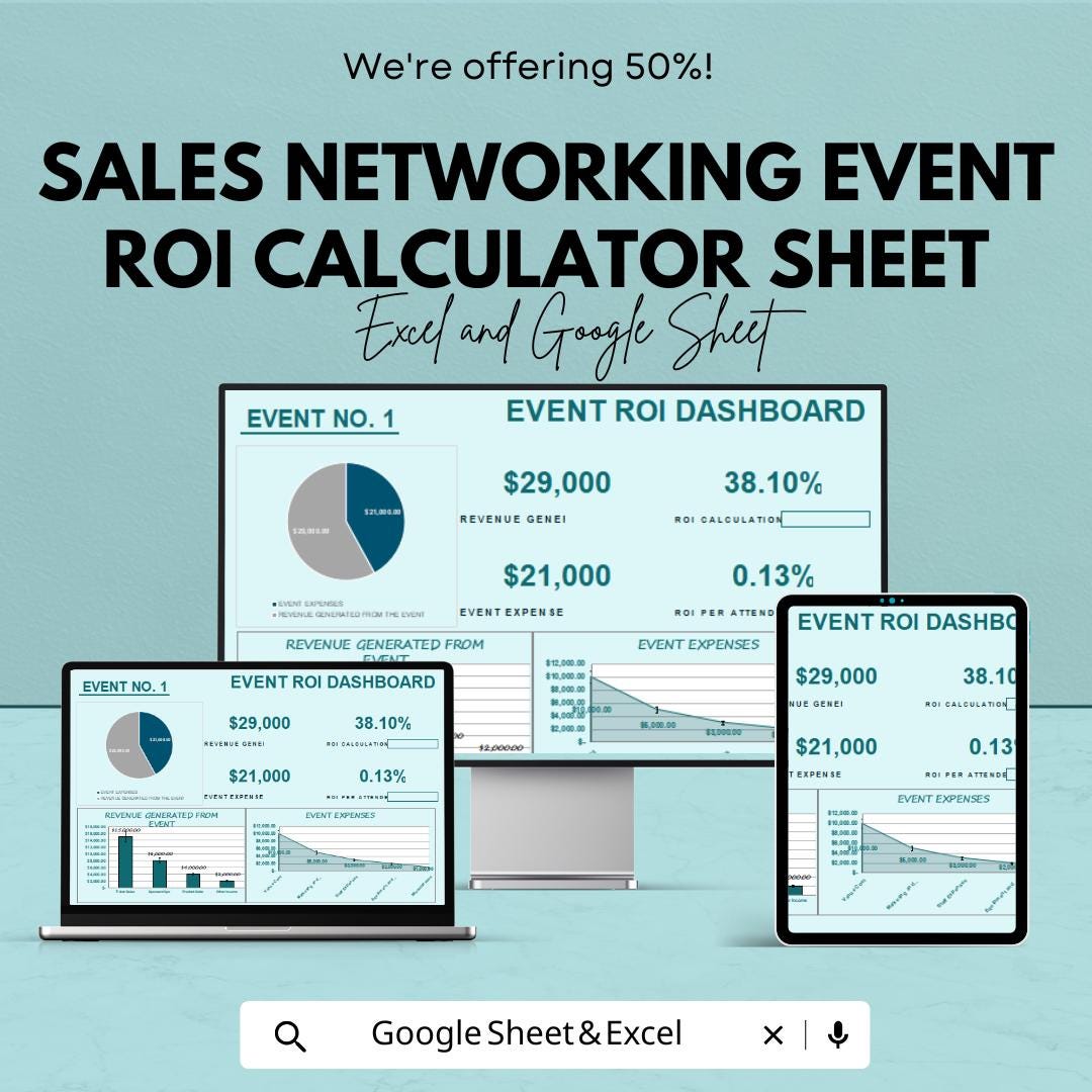 Sales Networking Event ROI Calculator Sheet - Excel and Google Sheets Template for Event Planning, Performance Metrics, & Cost Tracking