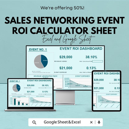 Sales Networking Event ROI Calculator Sheet - Excel and Google Sheets Template for Event Planning, Performance Metrics, & Cost Tracking