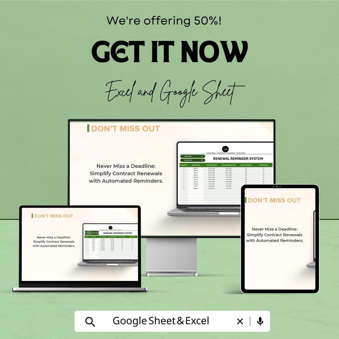 Legal Contract Renewal Tracker, Contract Reminder Template, Law Office Renewal System, Excel & Google Sheets Contract Management Tool