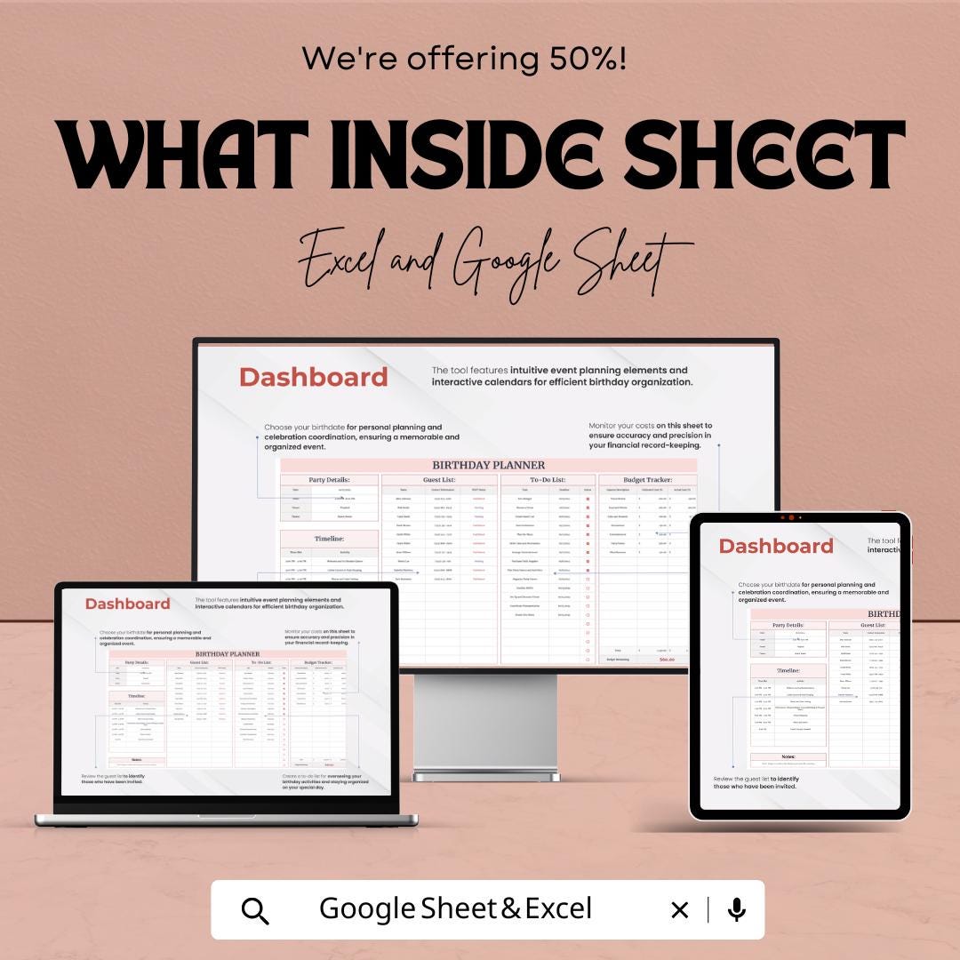 Birthday Planner Sheet - Excel & Google Sheet - Organize Guest List, To-Do List, Budget - Perfect for Planning Memorable Birthday Parties