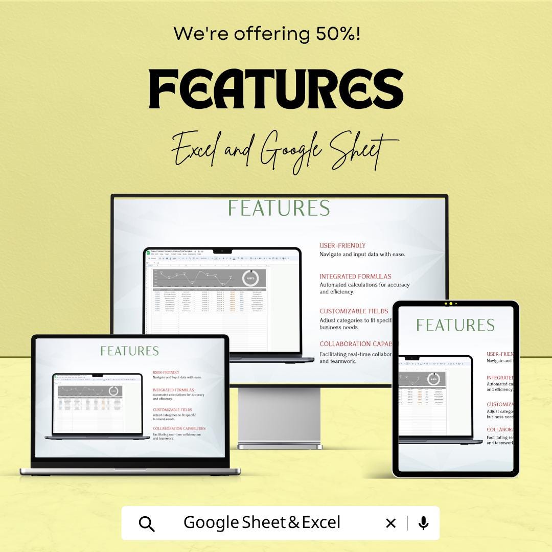 Sales Contract Variation Analysis Tool Excel Google Sheets | Contract Tracker Spreadsheet | Sales Analysis Dashboard | Contract Management