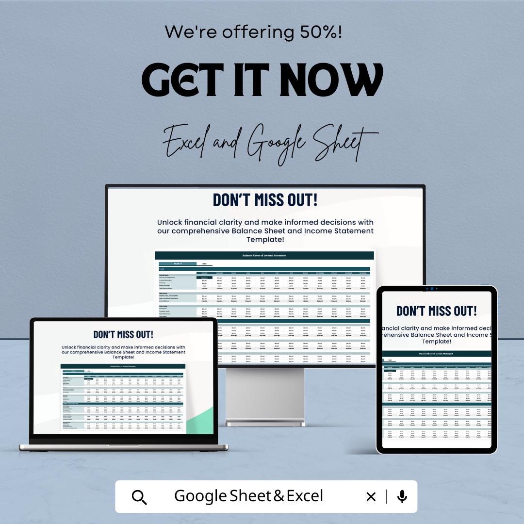 Balance Sheet & Income Statement Template | Excel and Google Sheets | Financial Statement Template | Business Accounting Spreadsheet