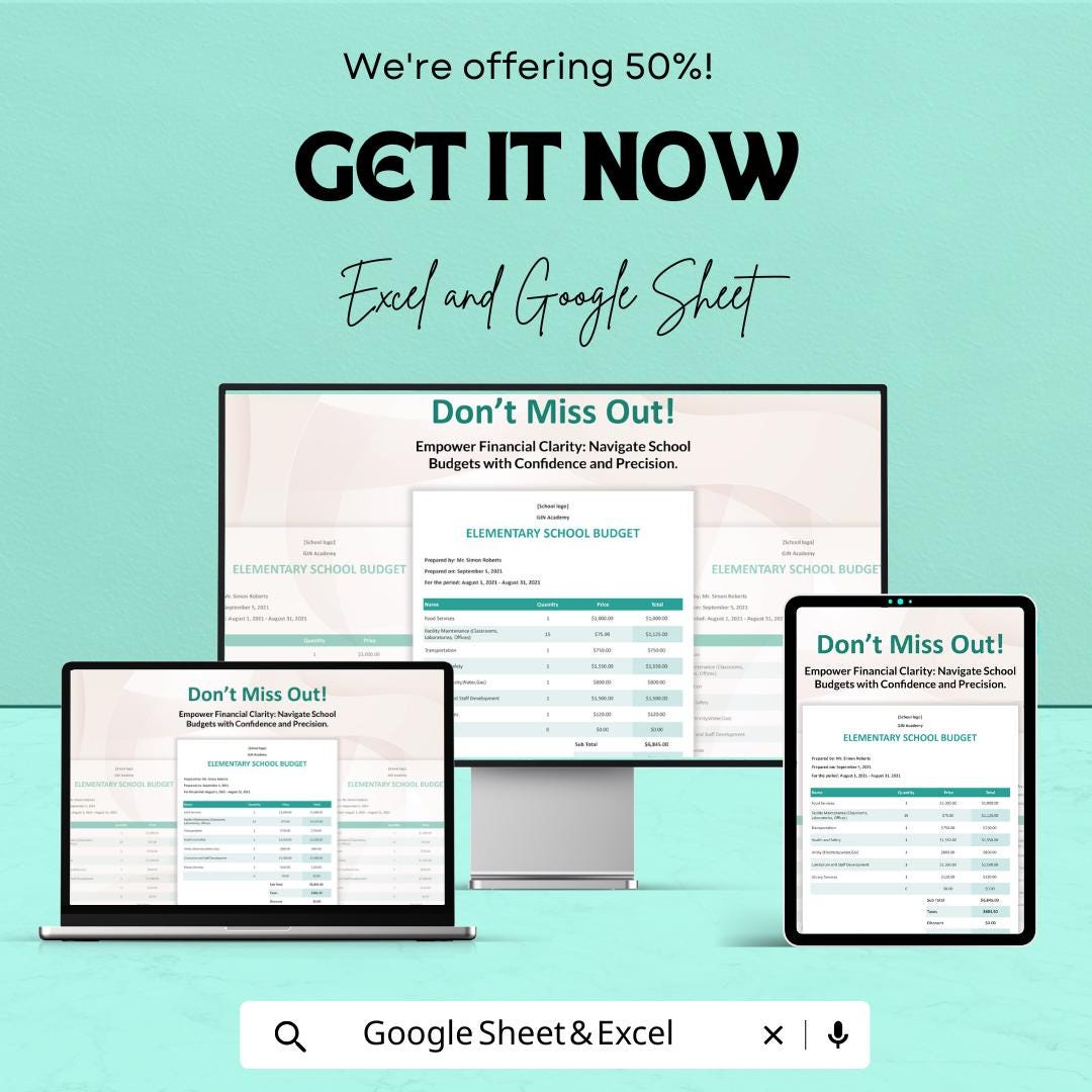 Sample Elementary School Budget Sheet - Excel and Google Sheets Template | Track School Expenses & Financials | 50% Off