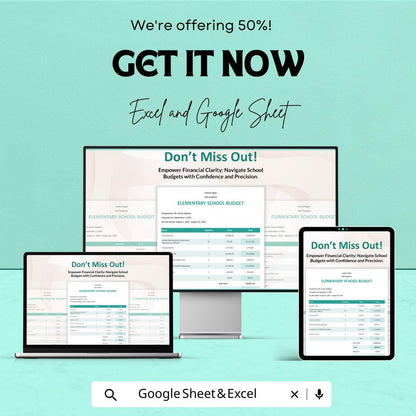 Sample Elementary School Budget Sheet - Excel and Google Sheets Template | Track School Expenses & Financials | 50% Off