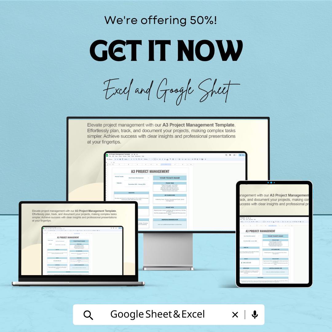 A3 Project Management Sheet | Excel & Google Sheet Template | Collaborative Project Planning | Customizable Template for Team Management