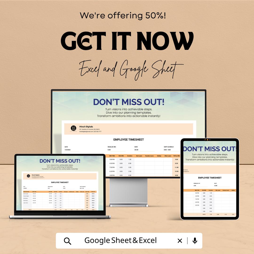 Employee Timesheet Template | Timesheet Spreadsheet | Work Hours Tracker | Payroll Template | Excel & Google Sheets | Staff Time Log Sheet