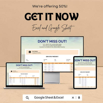 Employee Timesheet Template | Timesheet Spreadsheet | Work Hours Tracker | Payroll Template | Excel & Google Sheets | Staff Time Log Sheet