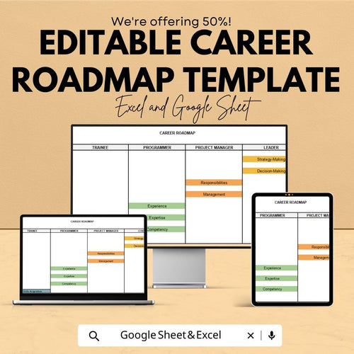 Editable Career Roadmap Template | Professional Growth Planner | Excel & Google Sheets | Career Development Tracker | Digital Download