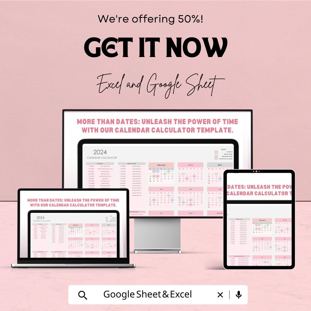 2024 Calendar Calculator Sheet | Excel and Google Sheets | Customizable Date Calculator | Holiday & Event Planner Template