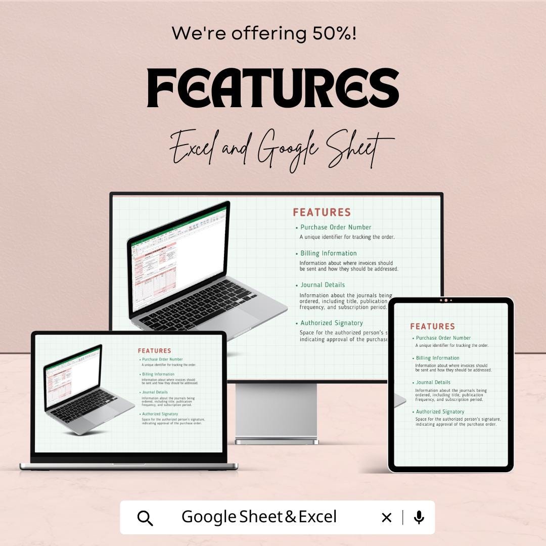Journal Purchase Order Sheet | School and Library PO Form | Excel & Google Sheet Template | Billing, Supplier, Payment Info Tracker