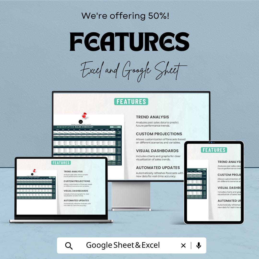 Administration Sales Forecast Template | Sales Forecast Spreadsheet | Business Sales Planner Template | Excel & Google Sheets |