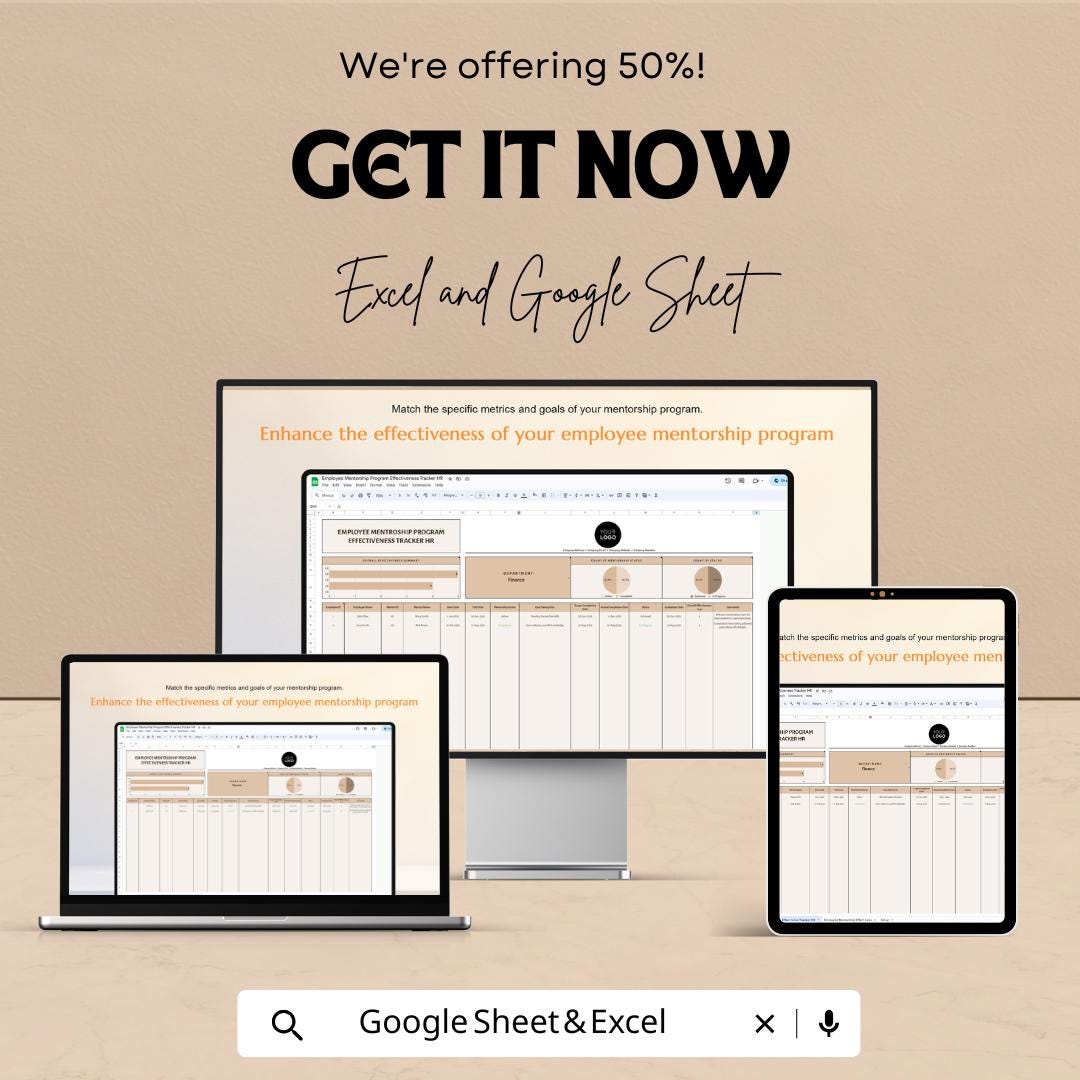 Employee Mentorship Program Effectiveness Tracker HR | Google Sheet | Track Mentorship Progress & Results | HR Tool for Employee Development