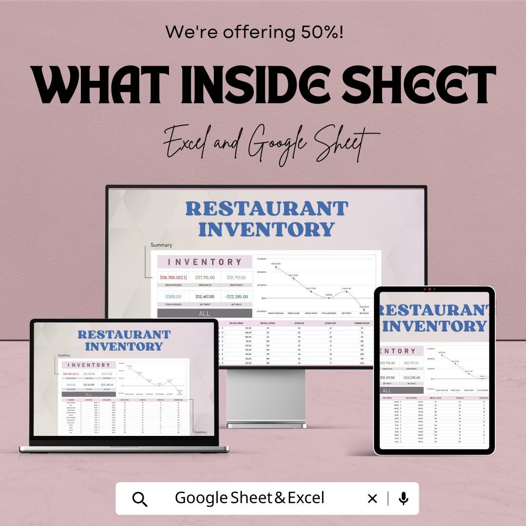 Restaurant Inventory Template |  Food & Beverage Stock Tracker | Kitchen Inventory Spreadsheet | Restaurant Management Sheet