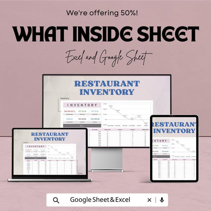 Restaurant Inventory Template |  Food & Beverage Stock Tracker | Kitchen Inventory Spreadsheet | Restaurant Management Sheet