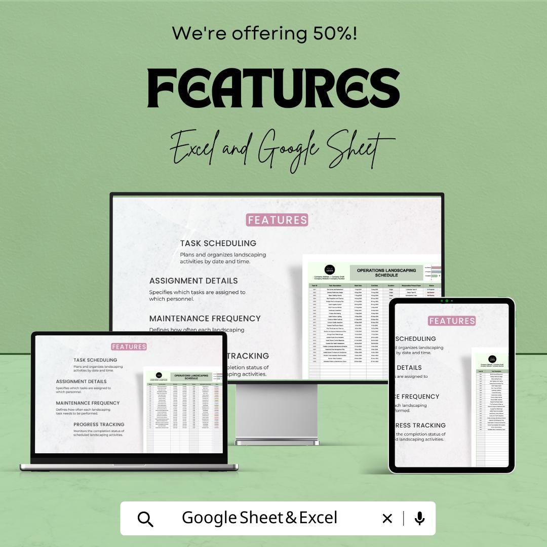 Landscaping Schedule Template, Operations Landscaping Planner, Lawn Care Task Tracker, Maintenance Schedule, Excel Google Sheets