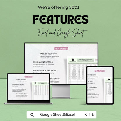 Landscaping Schedule Template, Operations Landscaping Planner, Lawn Care Task Tracker, Maintenance Schedule, Excel Google Sheets