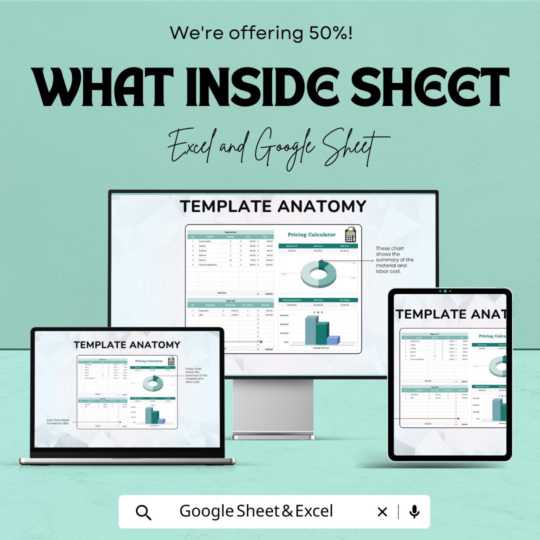 Pricing Calculator Sheet for Material & Labor Cost | Excel and Google Sheet Template | Event Planning, Budgeting, and Cost Estimation