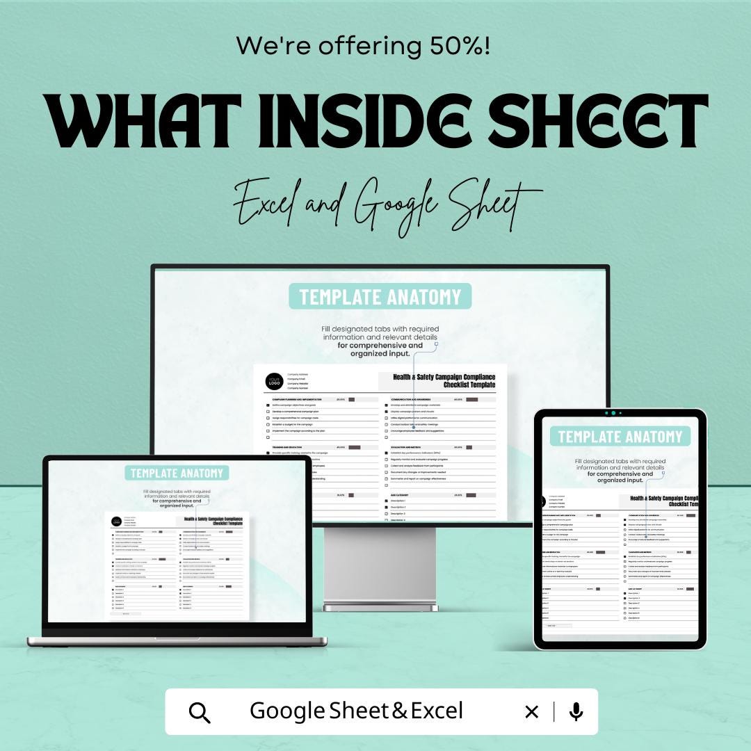 Health and Safety Compliance Checklist, Safety Campaign Tracker, Workplace Safety Template, OSHA Checklist, Google Sheets & Excel
