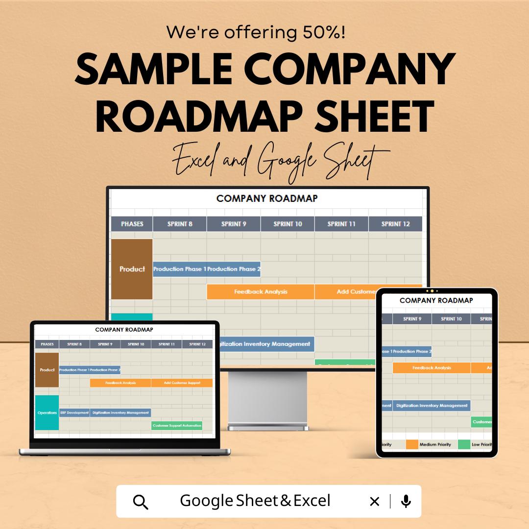Sample Company Roadmap Sheet | Excel and Google Sheets Template | Project Planning | Sprint & Phase Management