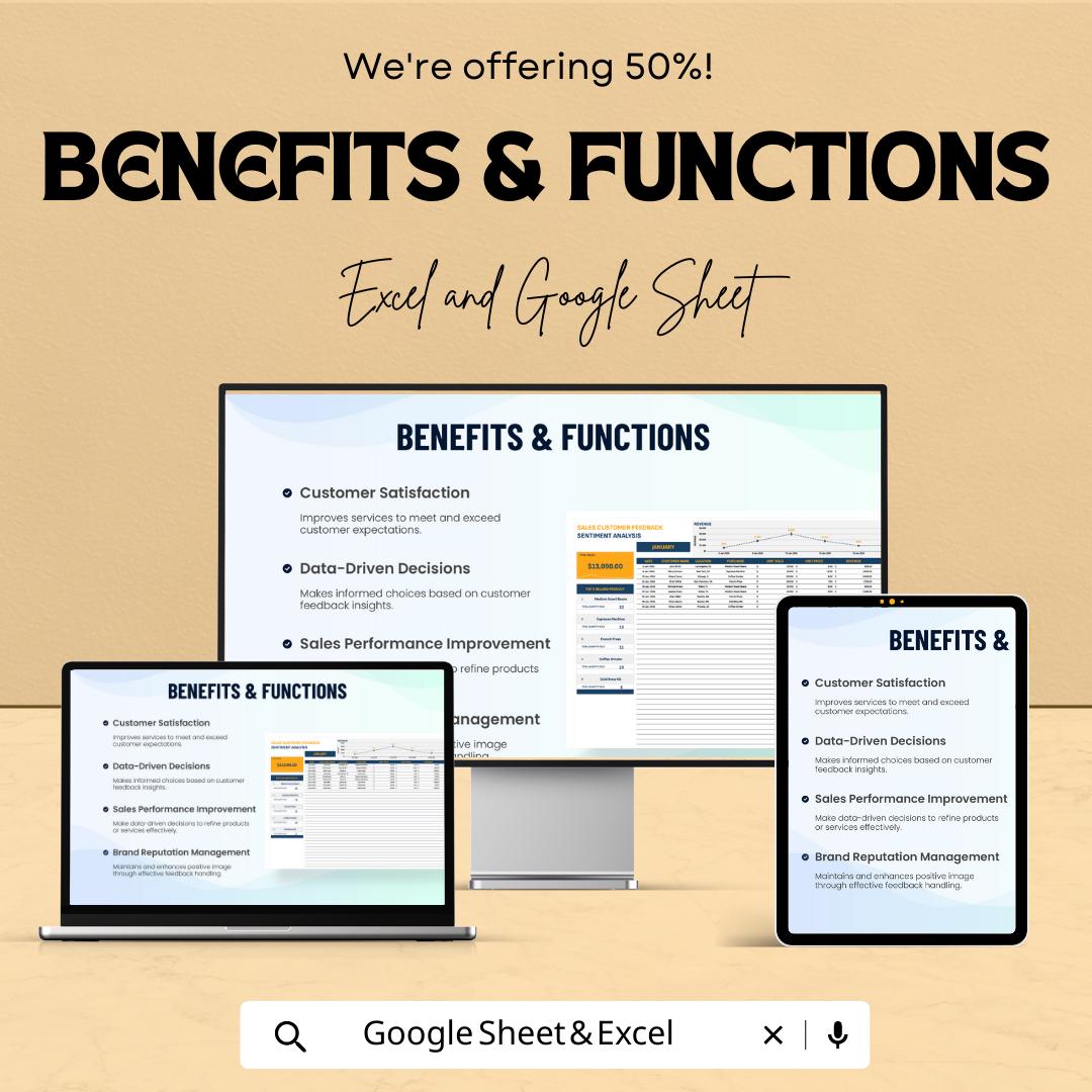 Sales Customer Feedback Sentiment Analysis Template, Customer Review Tracker, Business Analytics Spreadsheet