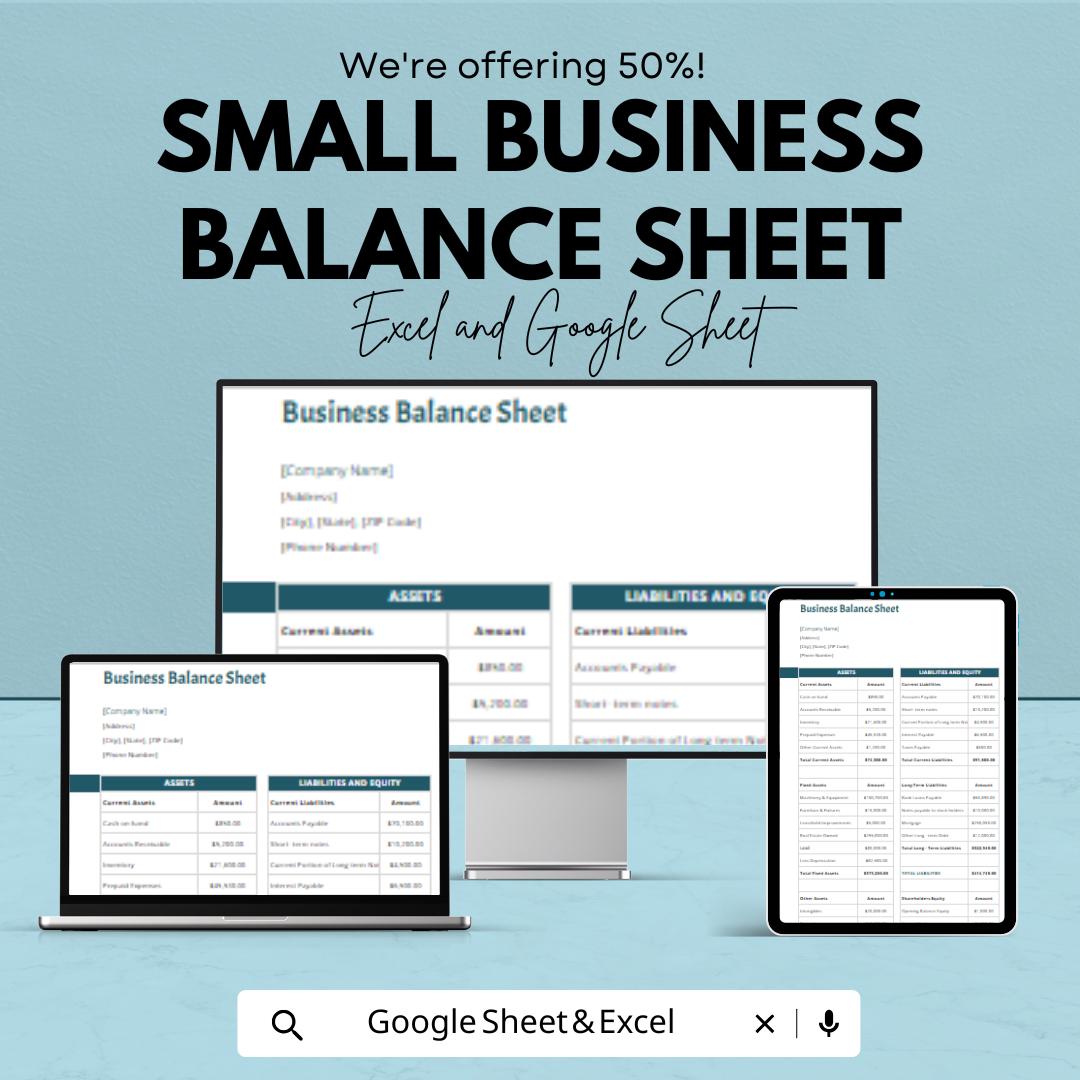 Small Business Balance Sheet - Excel & Google Sheet Template | Financial Tracking for Small Businesses | Easy-to-Use | 50% Off
