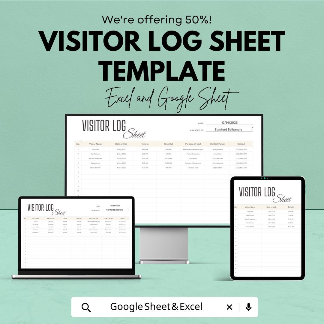 Visitor Log Sheet Template | Excel Visitor Sign In Sheet | Google Sheets Visitor Tracker | Reception Log Book | Office Visitor Register |