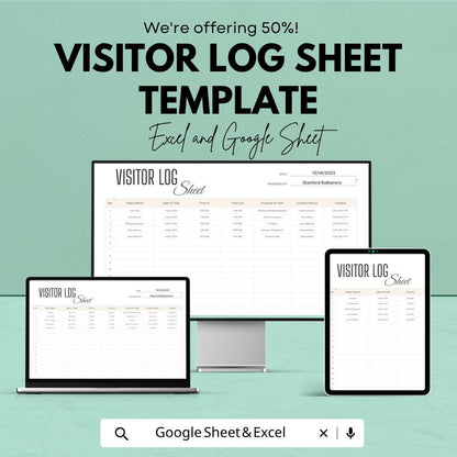 Visitor Log Sheet Template | Excel Visitor Sign In Sheet | Google Sheets Visitor Tracker | Reception Log Book | Office Visitor Register |