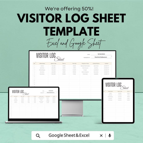 Visitor Log Sheet Template | Excel Visitor Sign In Sheet | Google Sheets Visitor Tracker | Reception Log Book | Office Visitor Register |