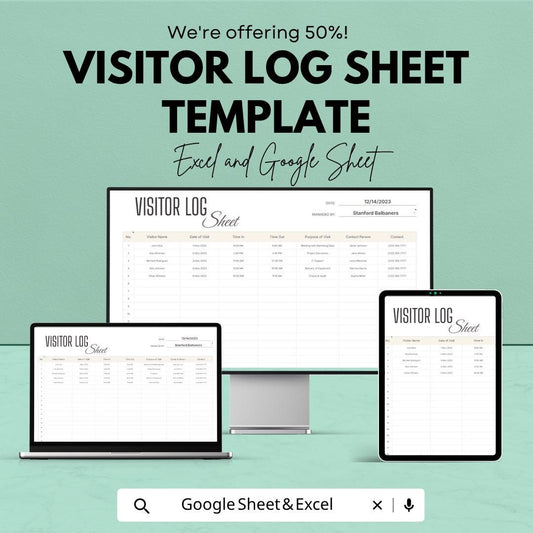 Visitor Log Sheet Template | Excel Visitor Sign In Sheet | Google Sheets Visitor Tracker | Reception Log Book | Office Visitor Register |