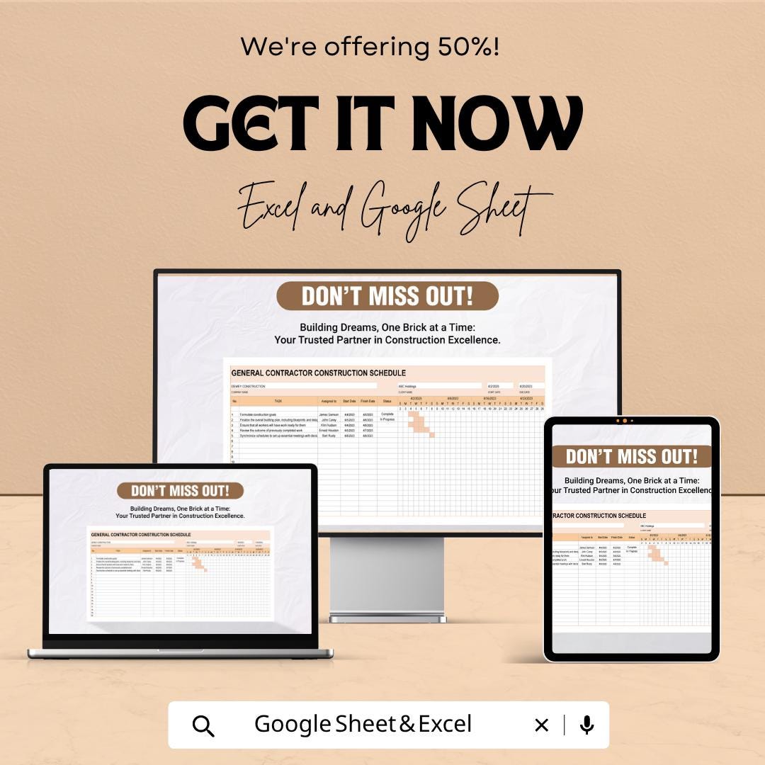 General Contractor Construction Schedule Template | Project Timeline Planner | Gantt Chart Tracker