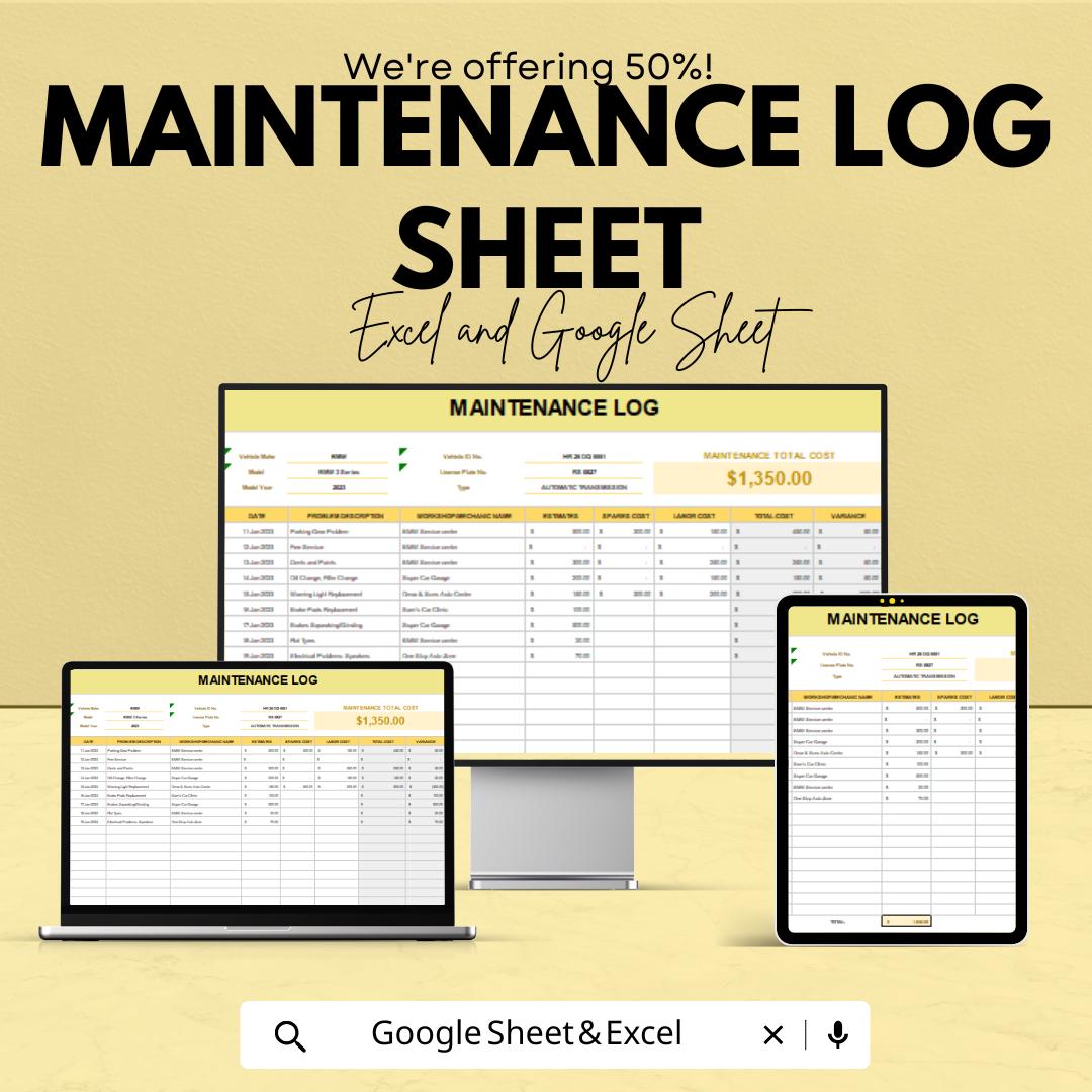 Maintenance Log Sheet | Asset Tracking Template | Equipment and Maintenance Management | Excel & Google Sheets Template | Auto-Calculation