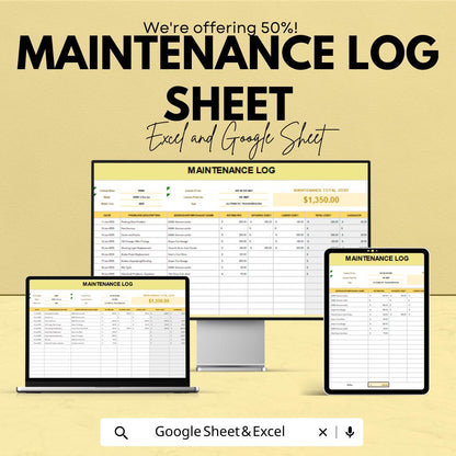 Maintenance Log Sheet | Asset Tracking Template | Equipment and Maintenance Management | Excel & Google Sheets Template | Auto-Calculation