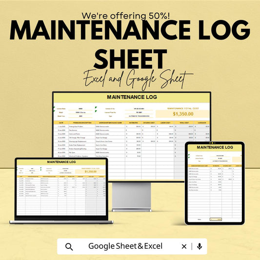Maintenance Log Sheet | Asset Tracking Template | Equipment and Maintenance Management | Excel & Google Sheets Template | Auto-Calculation