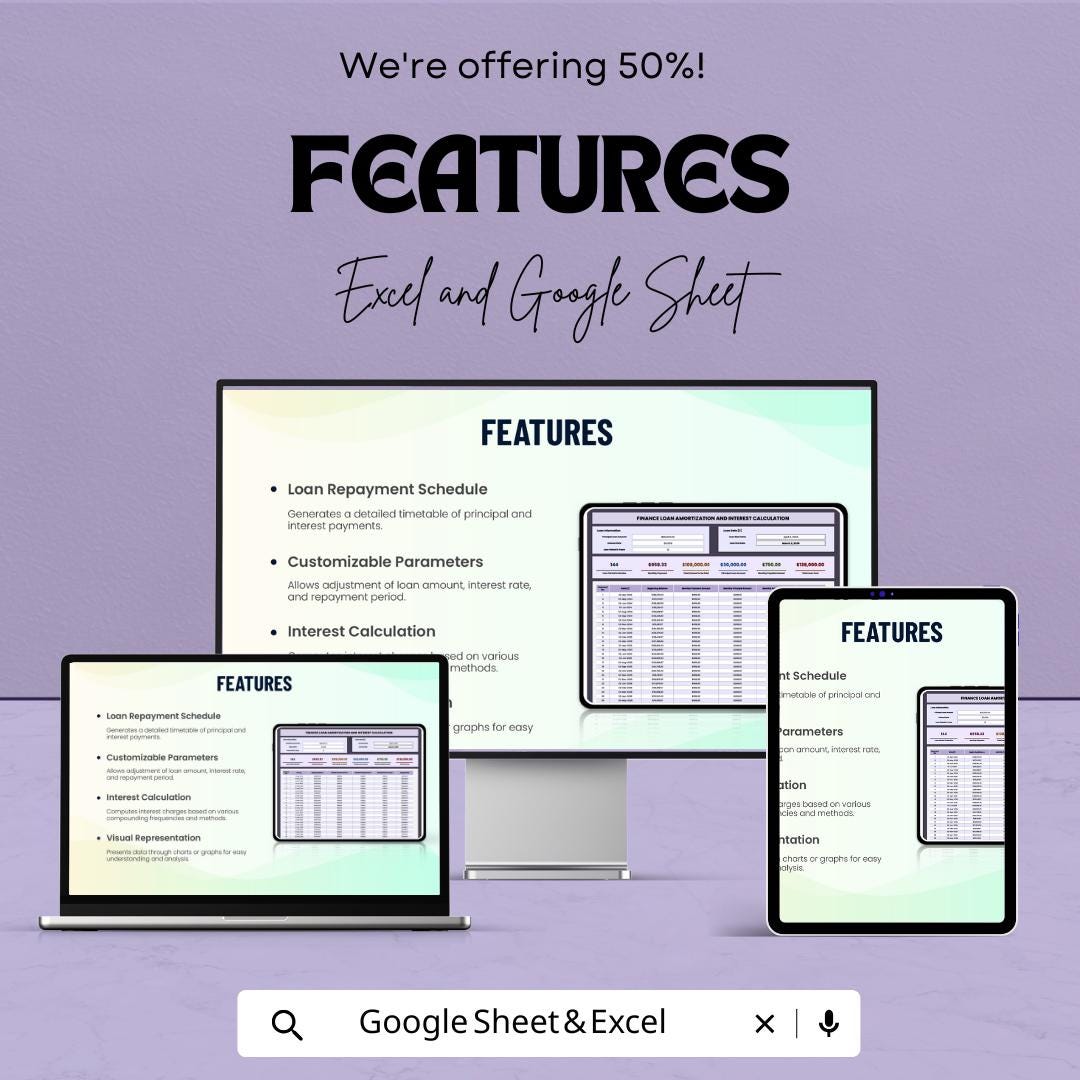 Loan Amortization Spreadsheet, Interest Calculation Template, Finance Loan Tracker, Payment Schedule Calculator, Excel Google Sheets