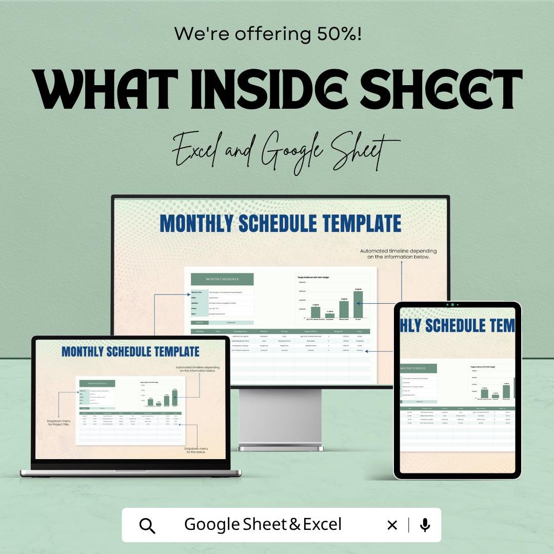 Monthly Schedule Template | Monthly Planner Spreadsheet | Project Planning Tracker | Excel & Google Sheets | Business Schedule Organizer