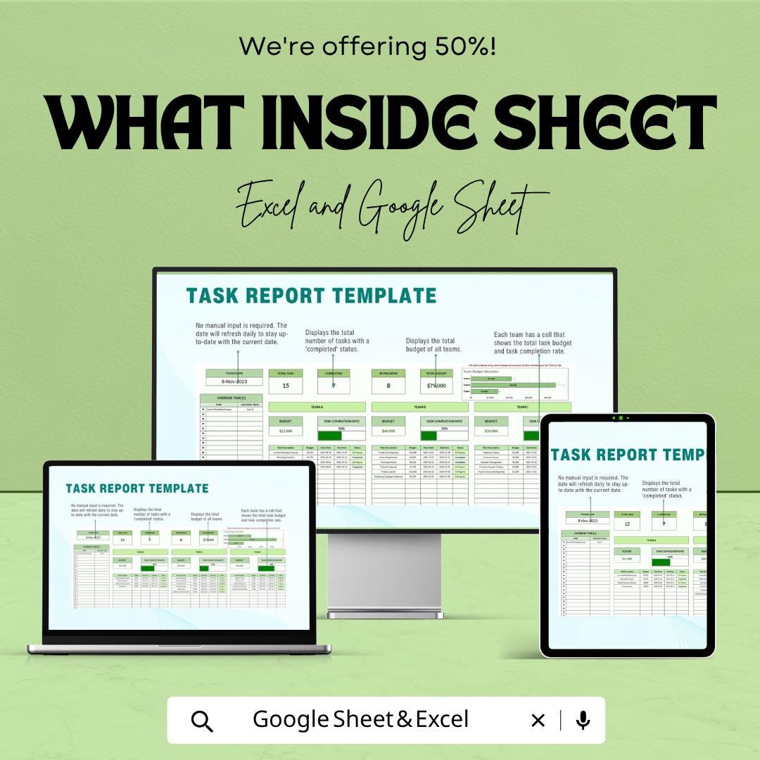 Task Report Template | Task Tracker Spreadsheet | Project Report Template | Task Management Sheet | Excel & Google Sheets | Work Progress
