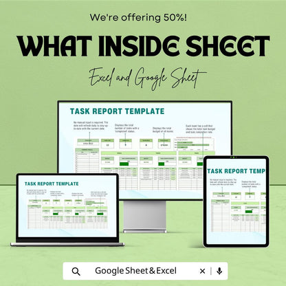 Task Report Template | Task Tracker Spreadsheet | Project Report Template | Task Management Sheet | Excel & Google Sheets | Work Progress