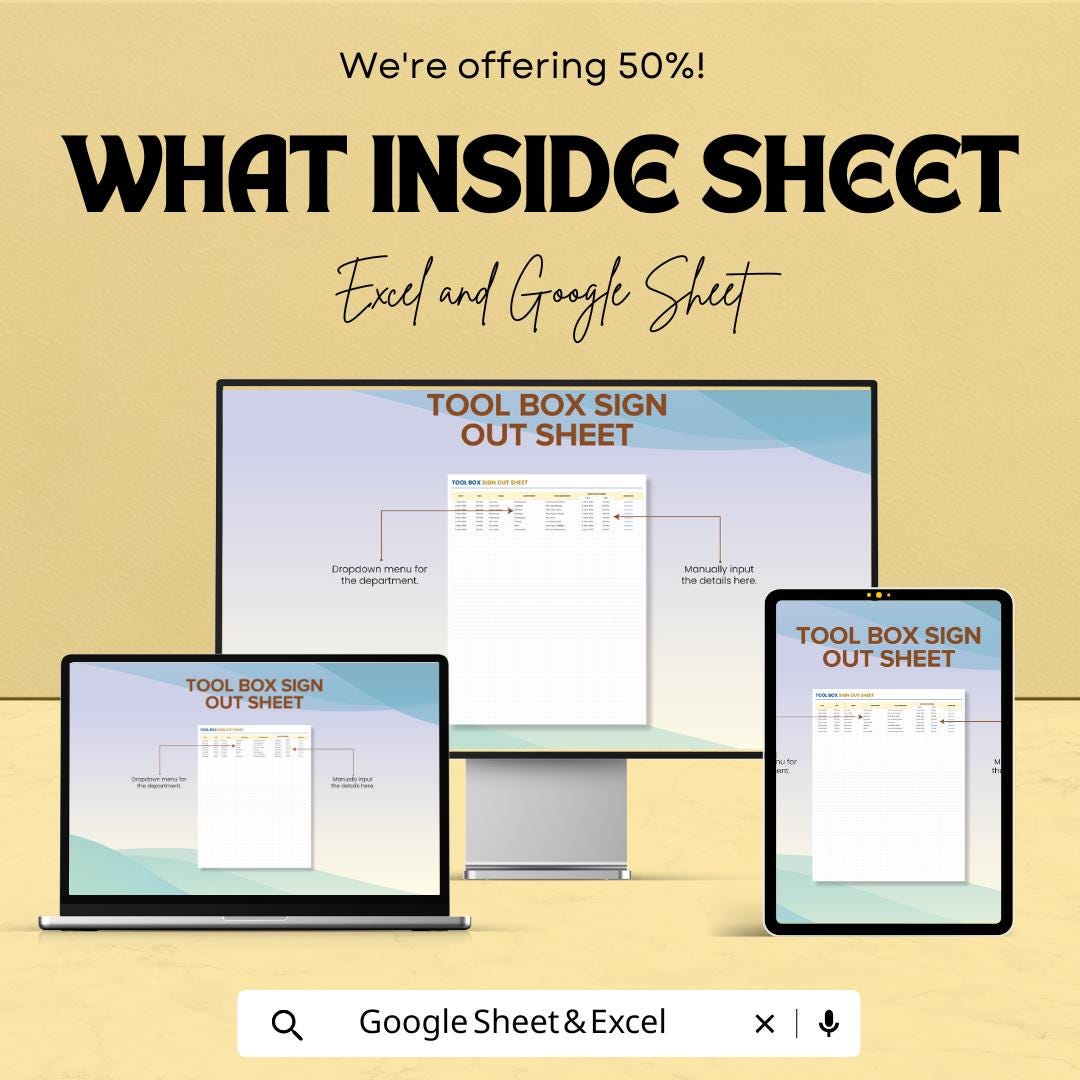 Tool Box Sign Out Sheet – Google Sheets Template – Track Equipment Check-Out for Teams and Departments – Printable Work Log for Tools