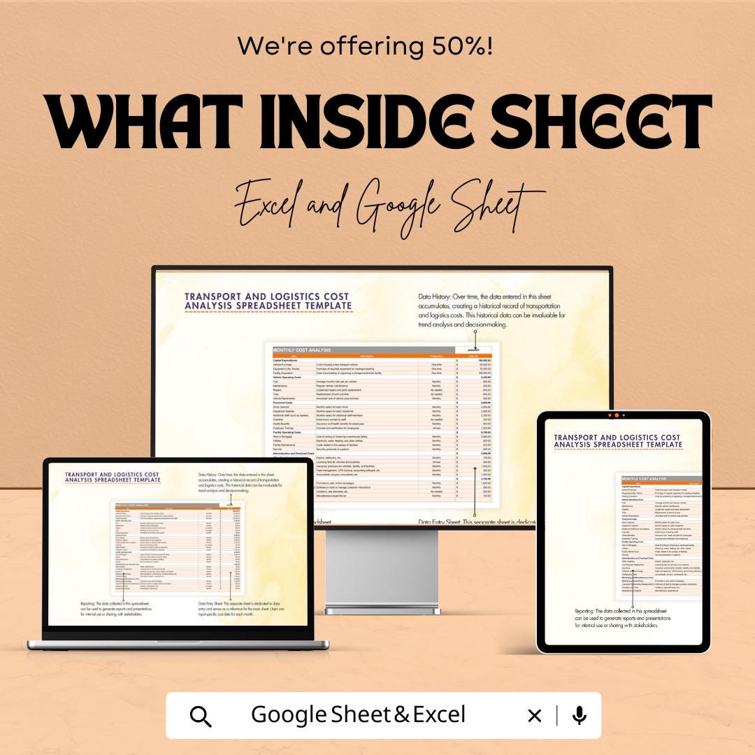 Transport and Logistics Cost Analysis Spreadsheet Template | Excel & Google Sheets | Logistics Cost Tracking Dashboard