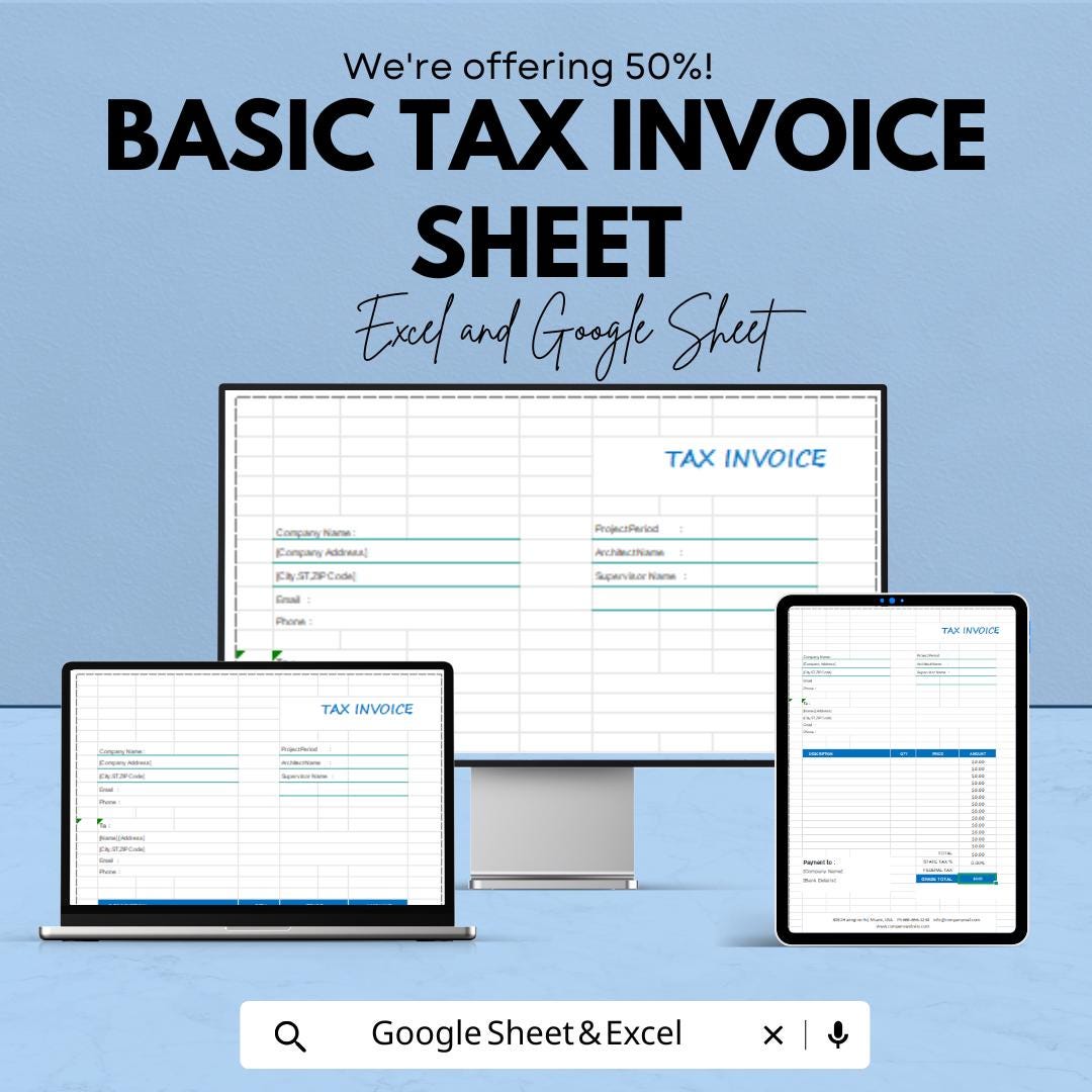 Basic Tax Invoice Template - Excel & Google Sheet, Customizable, Professional Tax Billing, Easy to Use