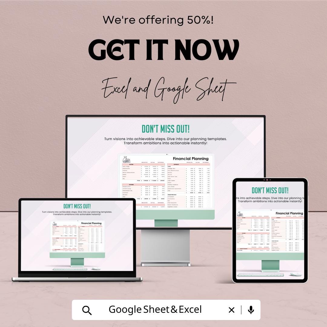 Financial Planning Template | Budget Planner Spreadsheet | Income and Expense Tracker | Savings and Goals Planner
