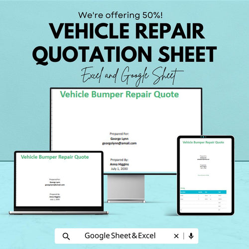 Vehicle Repair Quotation Sheet | Professional Excel and Google Sheets Template | Customizable Car Repair Quote | Vehicle Bumper Estimate