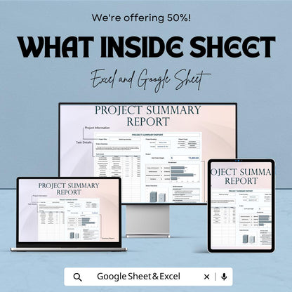 Project Summary Report Template | Project Status Overview | Task & Budget Report | Excel and Google Sheets | Project Management Dashboard