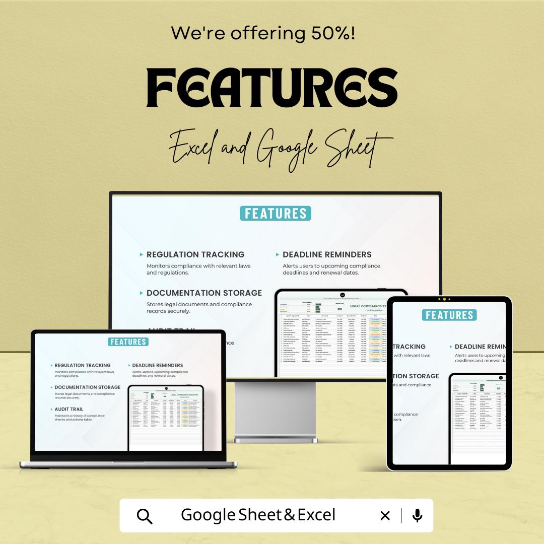 Operations Legal Compliance Registry Template, Legal Compliance Tracker, Regulatory Checklist, Audit Log, Business Compliance Sheet