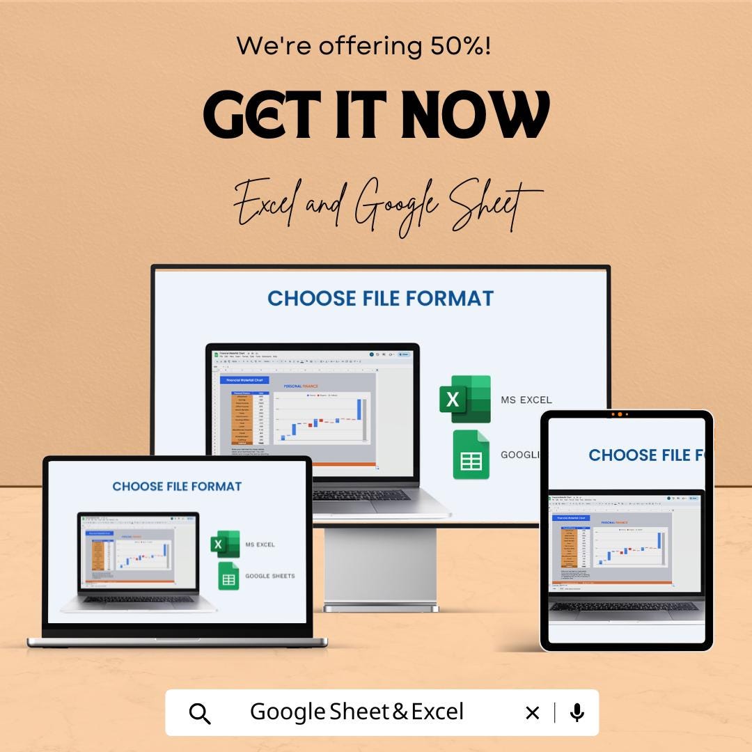 Financial Waterfall Chart Sheet for Excel & Google Sheets - 50% Off - Personal Finance Tracker